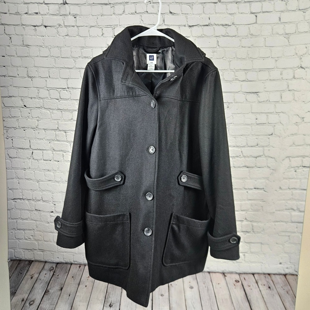 Gap Womens Wool Blend Hooded Car Coat Black XL RN54023 Button Front Jacket